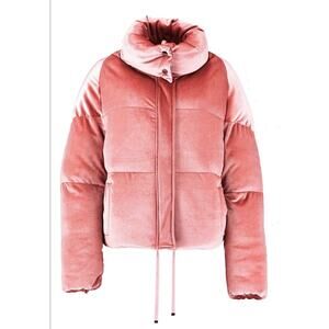KZell Paris Pink Velour Semi Crop Puffer Coat Turtleneck Jacket Velvet Preppy